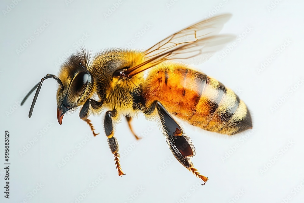 a stunning bee hovers gracefully in midair showcasing incredible detail and color isolated against a clean white background emphasizing its role as a vital pollinator a stunning bee hovers gracefully in midair showcasing incredible detail and color isolated against a clean white background emphasizing its role as a vital pollinator