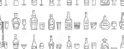 Seamless pattern of alcoholic bottles, glasses and lettering. Alcohol cocktails. Champagne, beer, martini, wine, rum, tequila, cognac, and other. Great for bar menu, banner. Vector EPS10. Doodle style