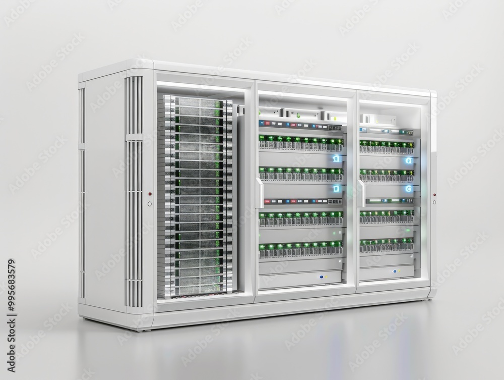 White Server. 3D Data Center Rendering with Business Server Cabinet White Server. 3D Data Center Rendering with Business Server Cabinet