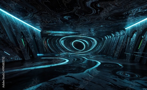 Iridescent Liquid with Undulations and Swirls. Dark Smooth Wallpaper.