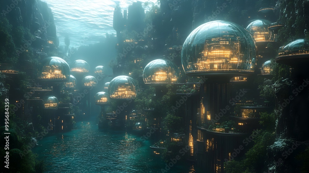 Underwater Futuristic City with Transparent Domes and Bioluminescent Marine Life Underwater Futuristic City with Transparent Domes and Bioluminescent Marine Life