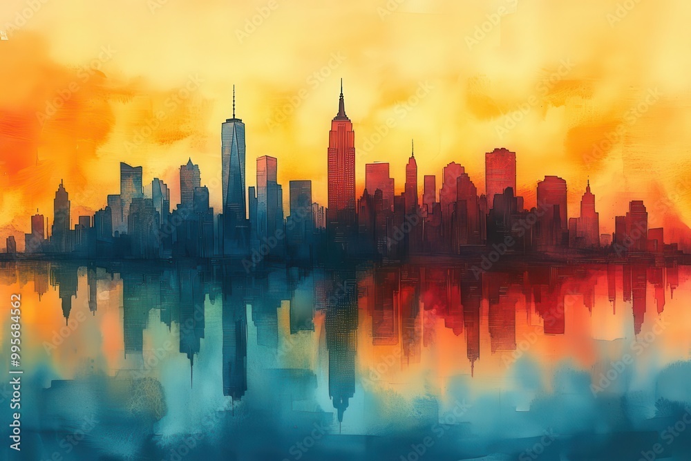 a stunning watercolor painting depicts a bustling urban cityscape with skyscrapers enveloped in a mesmerizing blend of orange and teal capturing the essence of dynamic city life a stunning watercolor painting depicts a bustling urban cityscape with skyscrapers enveloped in a mesmerizing blend of orange and teal capturing the essence of dynamic city life