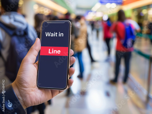 Wallpaper Mural A hand holds smartphone displaying Wait in Line while people queue in background, illustrating modern waiting solutions. Torontodigital.ca