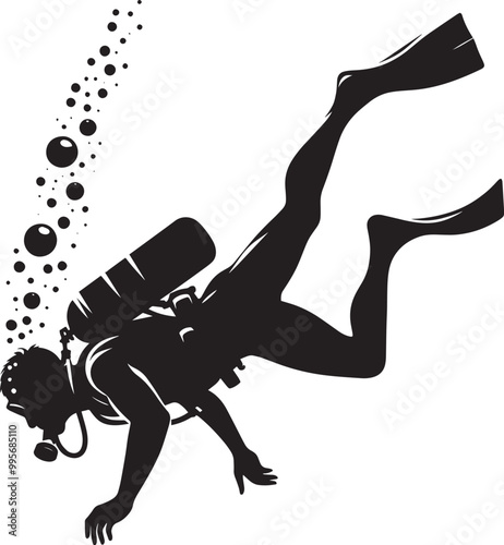 Underwater Scuba Diving silhouette vector illustration isolated on a white background