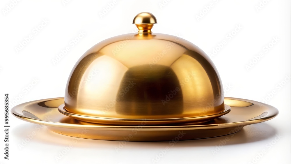 Shiny golden empty cloche with its tray on a white background Shiny golden empty cloche with its tray on a white background