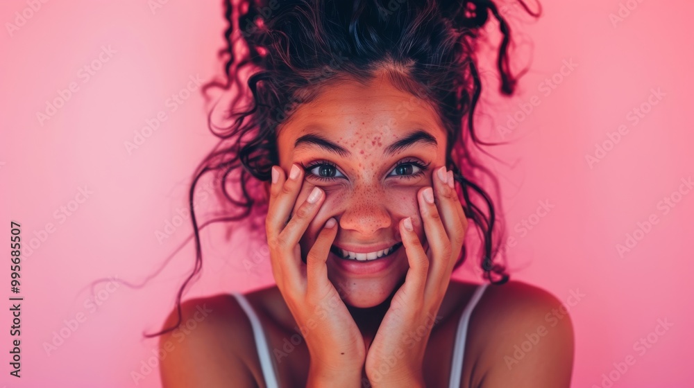 Joyful young woman with curly hair expressing happiness against a pink background. Her bright smile brings warmth to any space. Joyful young woman with curly hair expressing happiness against a pink background. Her bright smile brings warmth to any space.