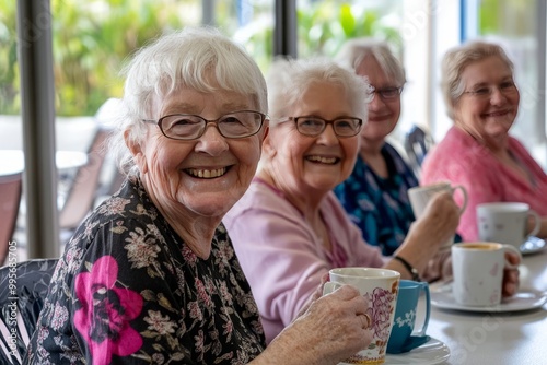 A group of happy elderly women sitting around at the table in an aged care facility, holding coffee mugs and smiling