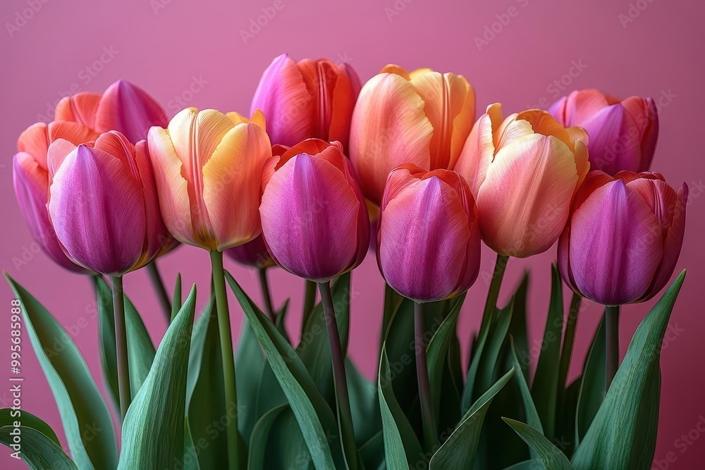 Fototapeta premium a vibrant display of spring tulips arranged on a soft pink surface celebrating femininity and renewal perfect for a cheerful greeting or sale banner