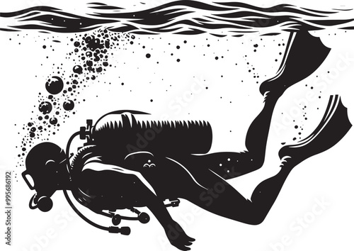 Underwater Scuba Diving silhouette vector illustration isolated on a white background