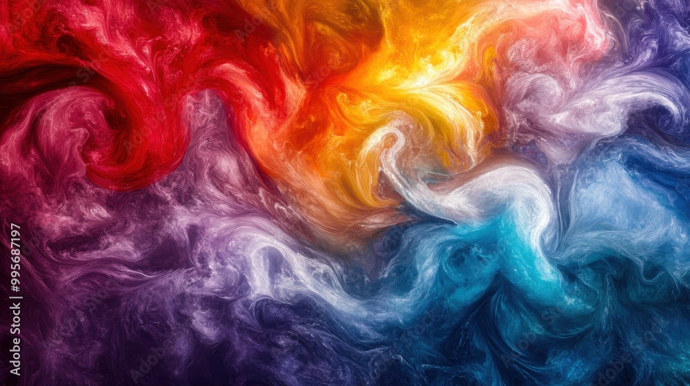Colorful abstract swirl of vibrant red, yellow, and blue smoke wisps in motion Colorful abstract swirl of vibrant red, yellow, and blue smoke wisps in motion