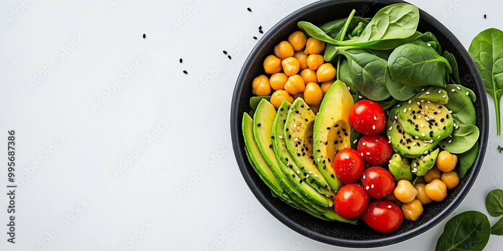 Top view of a colorful salad bowl featuring avocado, chickpeas, spinach, and cherry tomatoes on a white background Top view of a colorful salad bowl featuring avocado, chickpeas, spinach, and cherry tomatoes on a white background