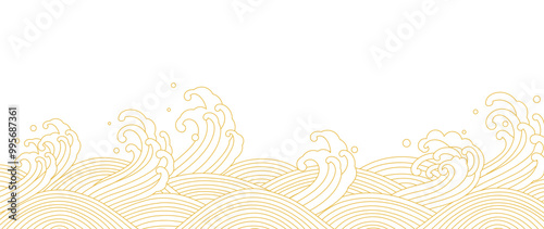 Japanese sea wave background vector. Wallpaper design with gold and white ocean wave pattern backdrop. Modern luxury oriental illustration for cover, banner, website, decor, border.