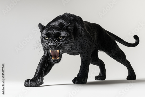 Black Panther Stalking
A sleek black panther prowling forward, showcasing its predatory instincts in a low, cautious stance. photo