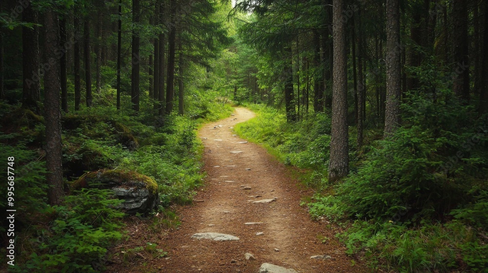 Nature trail and hiking path in forest. Forest scene with hiking path, straight trail through forest Nature trail and hiking path in forest. Forest scene with hiking path, straight trail through forest
