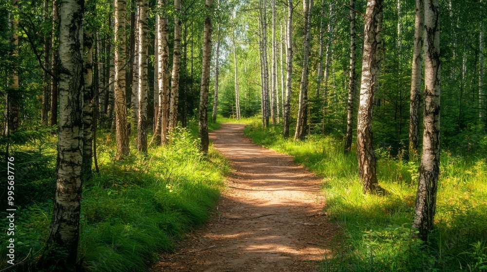 Fototapeta premium Nature trail and hiking path in forest. Forest scene with hiking path, straight trail through forest
