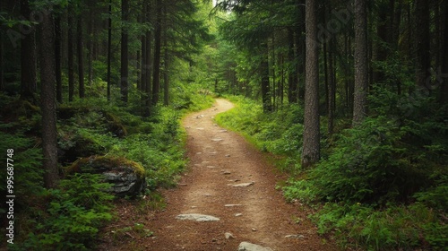 Nature trail and hiking path in forest. Forest scene with hiking path, straight trail through forest