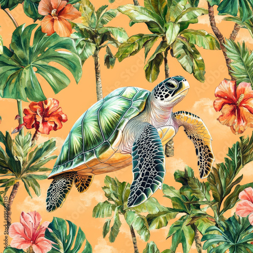 Sea Turtles with Tropical Flowers and Leaves in Orange and Green. Vibrant Aquatic Design for wrapping paper, gift cards, t-shirt