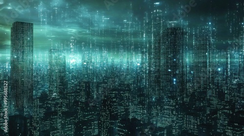 Futuristic digital cityscape featuring towering skyscrapers illuminated in green under cloudy skies