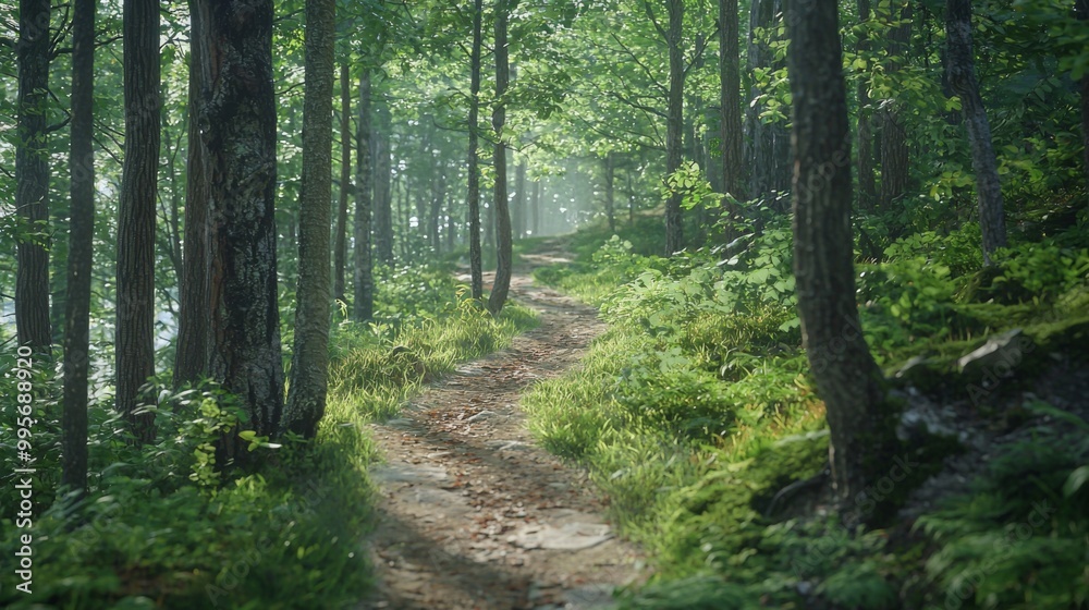 Nature trail and hiking path in forest. Forest scene with hiking path, straight trail through forest Nature trail and hiking path in forest. Forest scene with hiking path, straight trail through forest