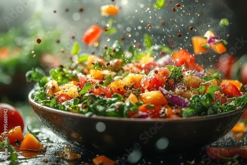 a vibrant vegetable salad in a bowl with colorful ingredients flying through the air drizzled with drops of olive oil illustrating freshness and health