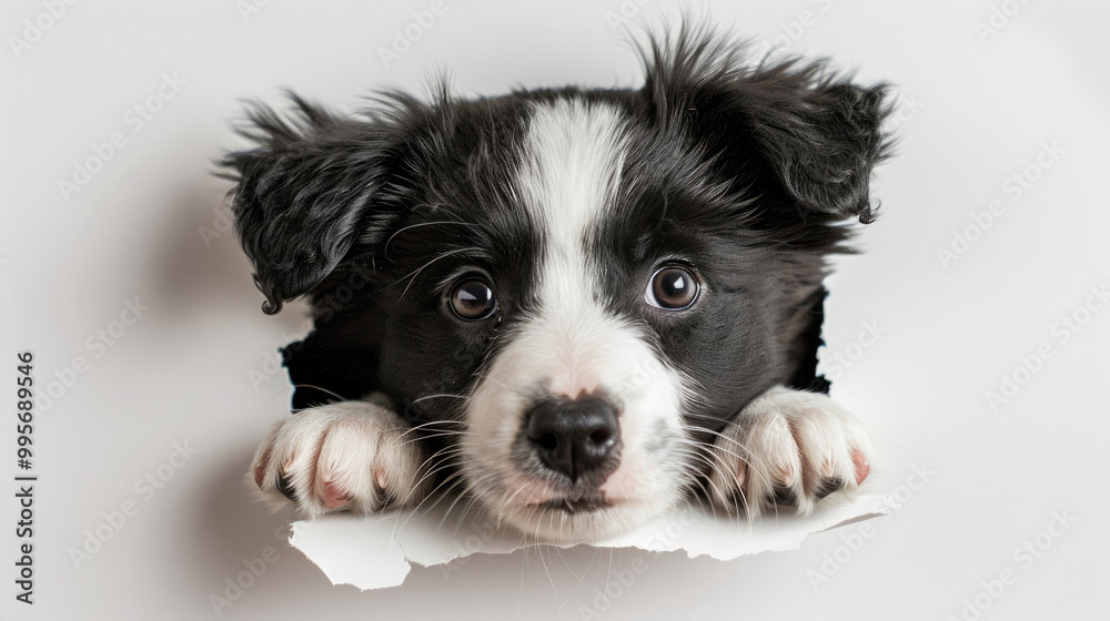 Adorable Border Collie puppy dog sticking its head out of hole in torn white paper isolated on plain white background Adorable Border Collie puppy dog sticking its head out of hole in torn white paper isolated on plain white background
