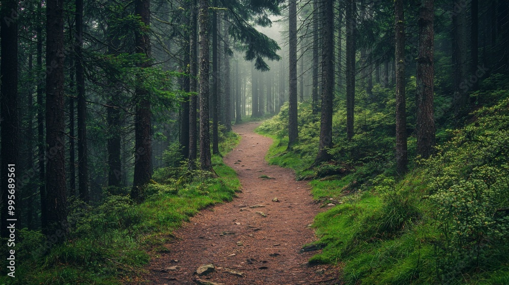 Nature trail and hiking path in forest. Forest scene with hiking path, straight trail through forest Nature trail and hiking path in forest. Forest scene with hiking path, straight trail through forest