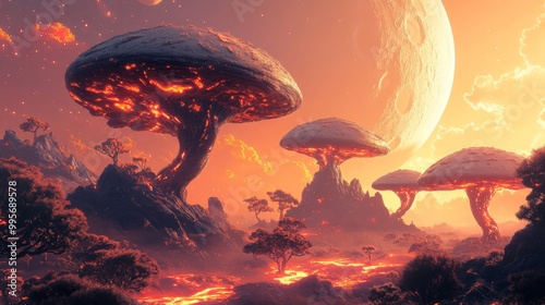 Lava-filled alien landscape with glowing trees and a moon. .