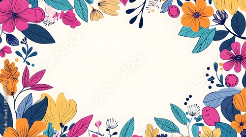 Bright floral border with pastel-colored petals surrounding a blank white center