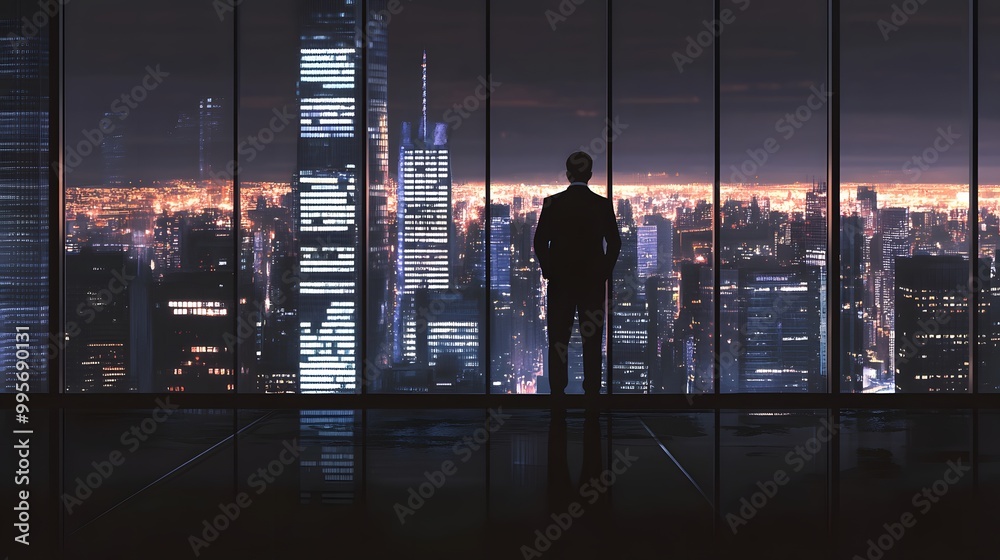 Silhouetted Man Gazing at a City Skyline at Night Silhouetted Man Gazing at a City Skyline at Night