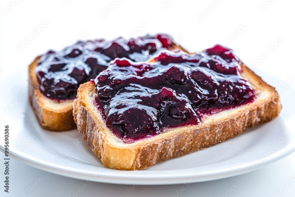 blueberry jam spread on single piece of toast on a plate, close up blueberry jam spread on single piece of toast on a plate, close up