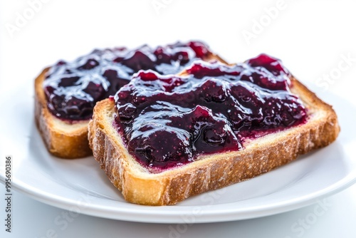 blueberry jam spread on single piece of toast on a plate, close up