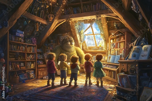 Children in a Magical Attic with a Fuzzy Monster and Stacks of Books.