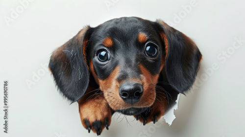 Adorable Dachshund puppy dog sticking its head out of hole in torn white paper isolated on plain white background