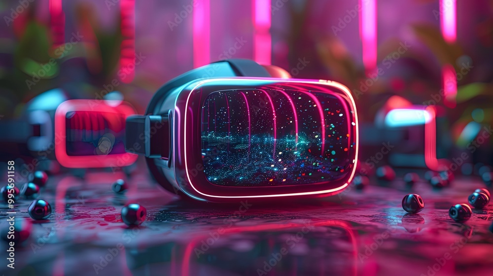 VR is surrounded by browsers, Wi-Fi icons, play icons on a purple background.-3d rendering VR is surrounded by browsers, Wi-Fi icons, play icons on a purple background.-3d rendering