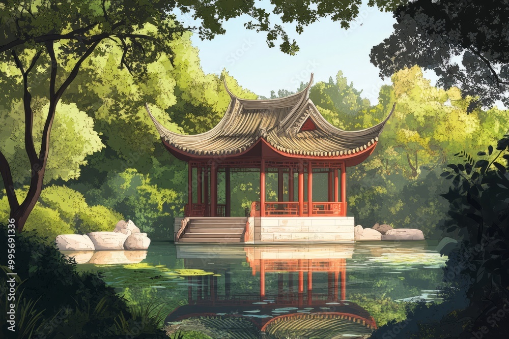 calming Chinese Garden background vector 2d art calming Chinese Garden background vector 2d art