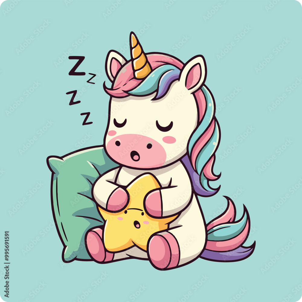 Naklejka premium Sleeping Unicorn Illustration, Cute Cartoon Animal Character, Whimsical Design. Dreamy Fantasy Creature, Pastel Colors, Children's Art, Vector