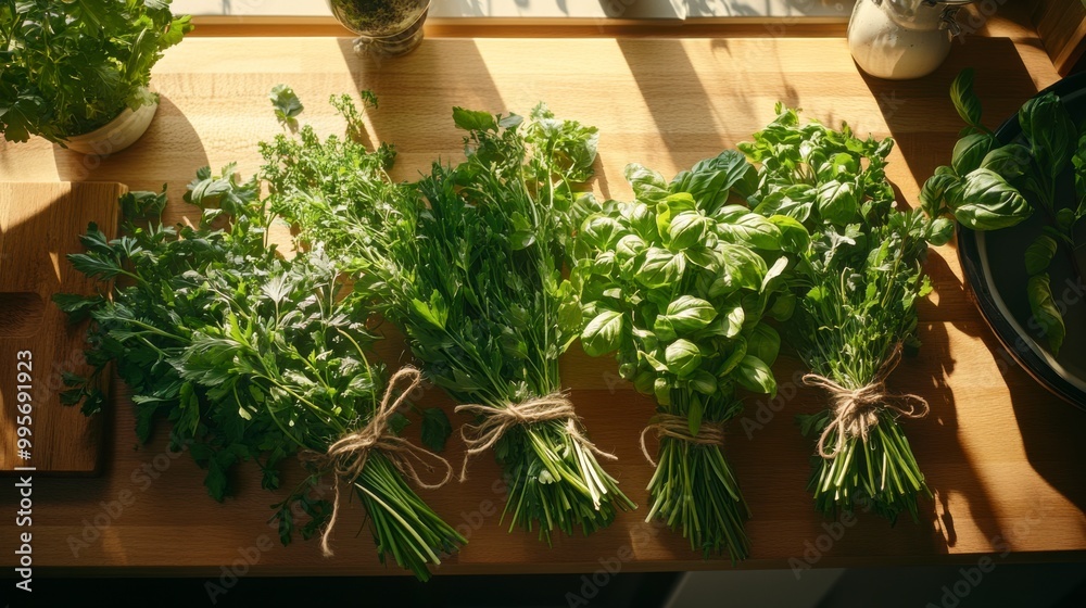 Fototapeta premium Fresh herbs arranged in bunches on a wooden surface, illuminated by natural light, creating a vibrant, healthy kitchen atmosphere.