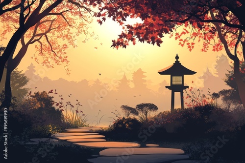 calming Japanese Zen Garden background vector 2d art 