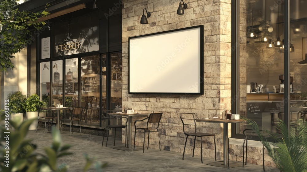 A cozy café exterior featuring stone walls, chic seating, and a blank sign awaiting creative messages.