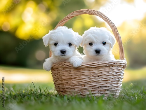 Two Fluffy White Puppies in a Basket