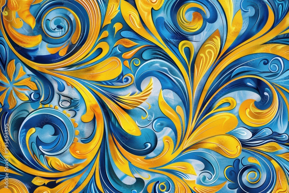Dynamic abstract Ukrainian national background blending cultural motifs and vibrant colors.