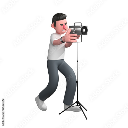 3D Media Character. A male photographer is standing with both hands holding a studio light mounted on a tripod, with his body leaning slightly forward. Male Photographer Illustration photo