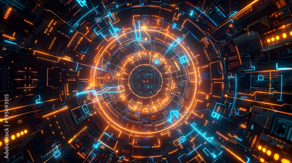 Abstract digital tunnel with glowing orange and blue lights. Abstract digital tunnel with glowing orange and blue lights.