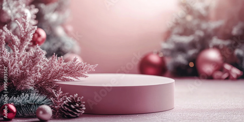 A round empty podium against the backdrop of Christmas decorations. Perfect for showcasing your product this festive Christmas season.