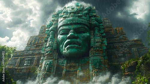 Majestic Aztec Rain God Tlaloc Portrayed with Elemental Headdress and Stormy Skies photo
