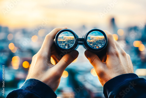 Vision d'un homme d'affaires avec des jumelles sur la ville photo