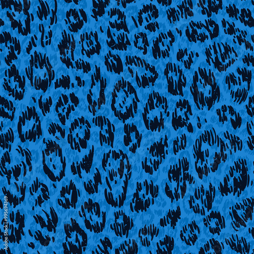 A Leopard Print Pattern in trendy blue. Hand drawn vector seamless background.