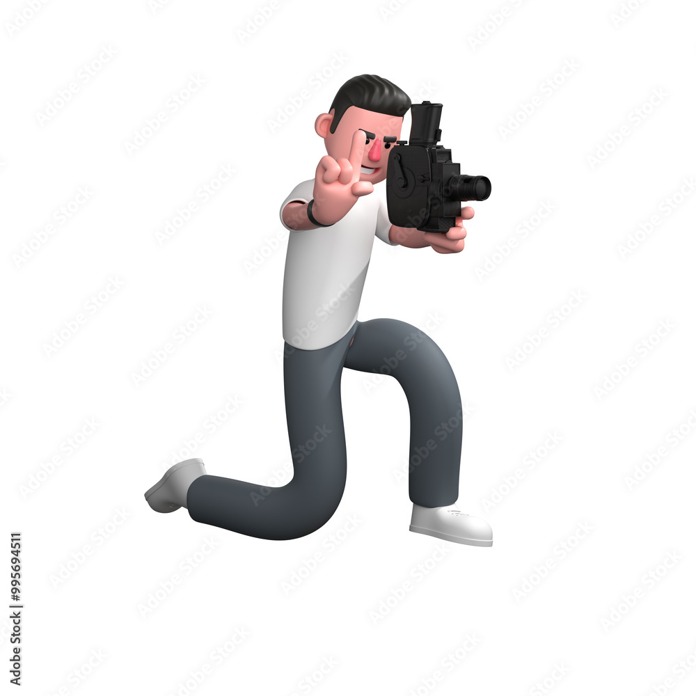 Professional Male in Photography. A male photographer is kneeling on one leg while holding a camera, with his left hand forming a focus symbol. 3D Photographer Cartoon Professional Male in Photography. A male photographer is kneeling on one leg while holding a camera, with his left hand forming a focus symbol. 3D Photographer Cartoon