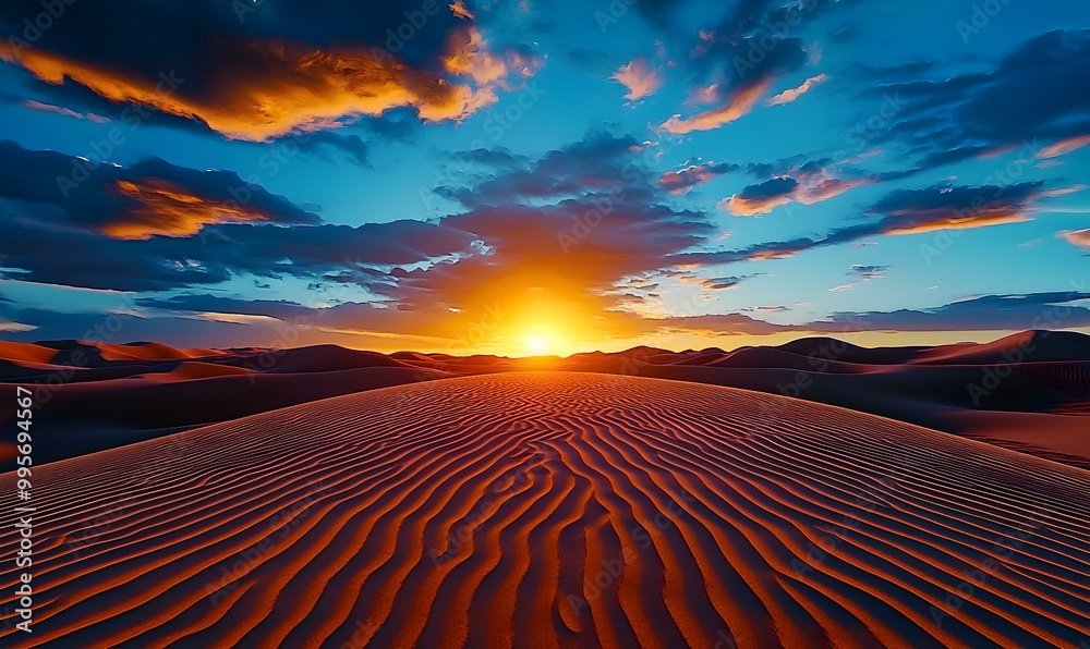 Naklejka premium Glowing Sunset Over Desert Landscape, Vibrant hues illuminate vast dunes, casting long shadows, evoking serenity and awe in a tranquil setting.