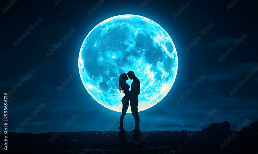 Lovers Embraced by Moonlight, a tender silhouette of two figures sharing an intimate moment under a luminous full moon's glow. Lovers Embraced by Moonlight, a tender silhouette of two figures sharing an intimate moment under a luminous full moon's glow.